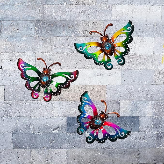 Garden Decor Clearance Metal Butterfly Wall decor 3D Wall Art Hanging Sculpture for Patio Fence, Set of 3, 9 inch, Indoor Outdoor Gift for Family