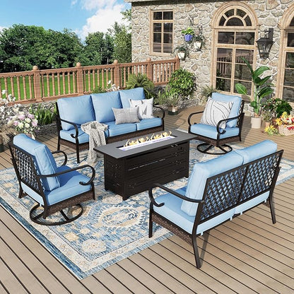 Patio Furniture Set with Firepit Table, Black Frame Outdoor Conversation Set with 2 x Swivel Chairs, 1 x 2-Seat Sofa, 1 x 3-Seat Sofa for Lawn Garden Backyard, Blue