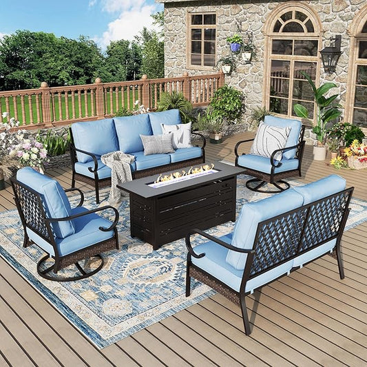 Patio Furniture Set with Firepit Table, Black Frame Outdoor Conversation Set with 2 x Swivel Chairs, 1 x 2-Seat Sofa, 1 x 3-Seat Sofa for Lawn Garden Backyard, Blue