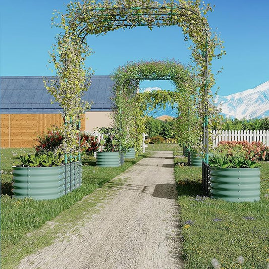 Expandable Arch Trellis Raised Bed Kit – 95" Metal Garden System with Vertical Netting, Plant Ties, and Drainage Design for Vegetables, Flowers, and Vines (Rust-Proof Green)