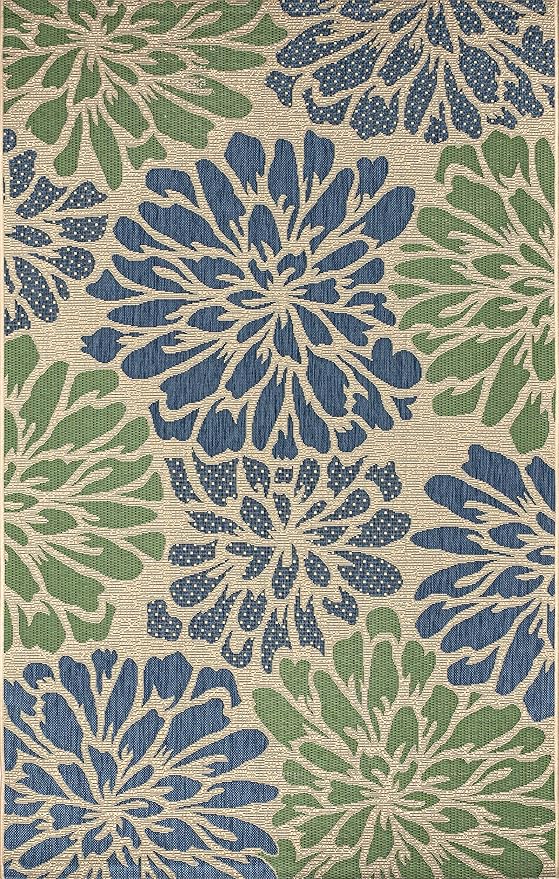 JONATHAN Y Floral Textured Weave Indoor Outdoor Area Rug 3X5 Navy/Green, Zinnia Modern for Backyard, Patio, Porch, Easy-Cleaning, High Traffic, Pet-Friendly, Non-Shedding (SMB110B-3)