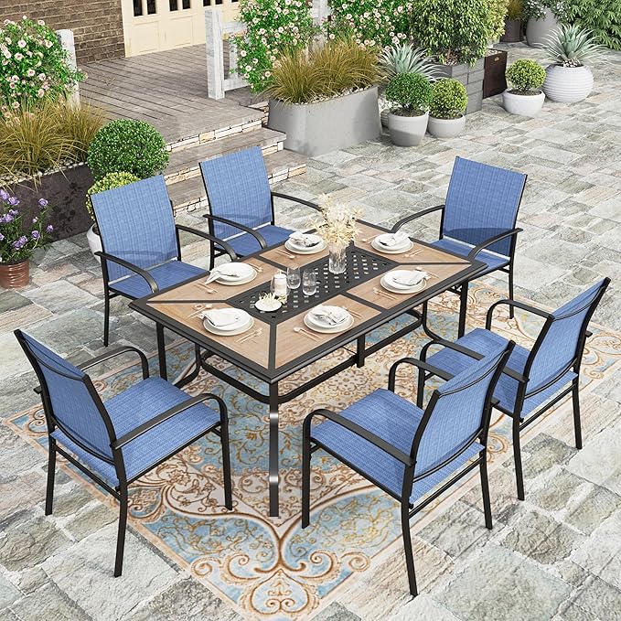 HERA'S HOUSE Patio Table and Chairs Set, 61" Rectangular Table with Umbrella Hole, 7 Pieces Outdoor Dining Furniture Sets with 6 Patio Chairs for Backyard Lawn Garden Porch(Blue)