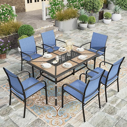 HERA'S HOUSE Patio Table and Chairs Set, 61" Rectangular Table with Umbrella Hole, 7 Pieces Outdoor Dining Furniture Sets with 6 Patio Chairs for Backyard Lawn Garden Porch(Blue)