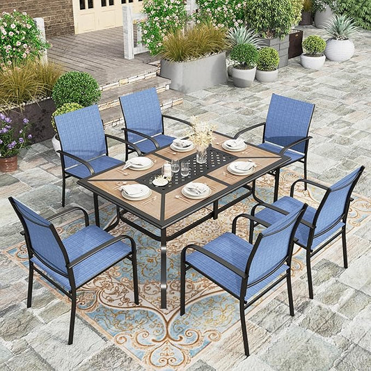 HERA'S HOUSE Patio Table and Chairs Set, 61" Rectangular Table with Umbrella Hole, 7 Pieces Outdoor Dining Furniture Sets with 6 Patio Chairs for Backyard Lawn Garden Porch(Blue)