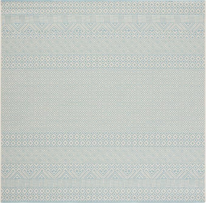 SAFAVIEH Washable Rug Outdoor Courtyard Collection - 4' Square, Beige & Aqua Blue, Non-Shedding & Easy Cleaning, Ideal for Patio, Backyard, Mudroom (CY6235-21312)