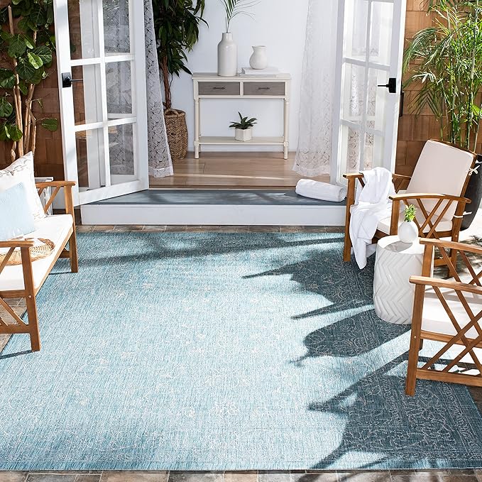 SAFAVIEH Washable Rug Outdoor Courtyard Collection - 6'7" Square, Aqua Blue & Grey, Non-Shedding & Easy Cleaning, Ideal for Patio, Backyard, Mudroom (CY8680-37121)
