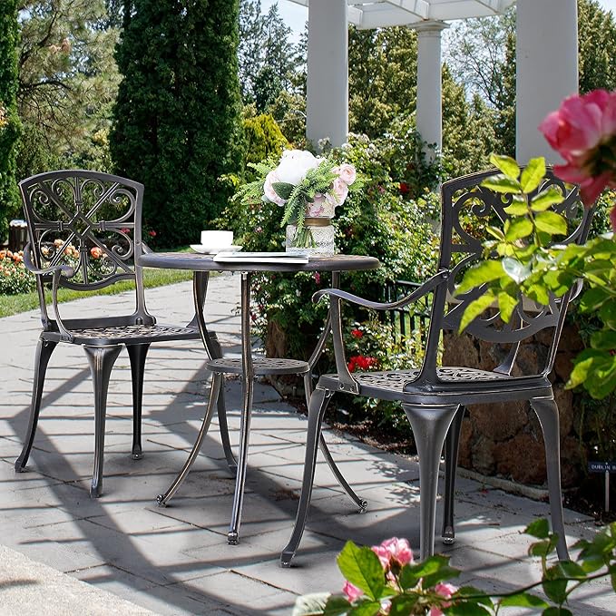 NUU GARDEN 3 Piece Outdoor Bistro Set Cast Aluminum Patio Set Bistro Table Set Rustproof Patio Table and Chairs with Umbrella Hole for Backyard, Balcony, Front Porch, Black