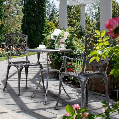 NUU GARDEN 3 Piece Outdoor Bistro Set Cast Aluminum Patio Set Bistro Table Set Rustproof Patio Table and Chairs with Umbrella Hole for Backyard, Balcony, Front Porch, Black