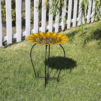 Alpine Corporation 19" H Outdoor Metal Birdbath w/Stylish Stand, Embossed Sunflower Birdbath Bowl and Stand Set, Yellow
