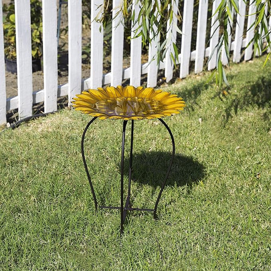Alpine Corporation 19" H Outdoor Metal Birdbath w/Stylish Stand, Embossed Sunflower Birdbath Bowl and Stand Set, Yellow