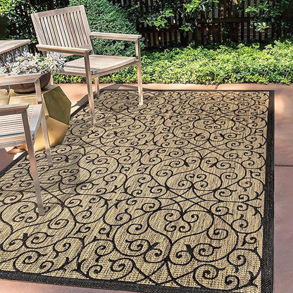 JONATHAN Y Vintage Filigree Indoor Outdoor Area Rug 4X6 Black/Khaki, Madrid Textured Weave for Backyard, Patio, Porch, Easy-Cleaning, High Traffic, Pet-Friendly, Non-Shedding (SMB107A-4)