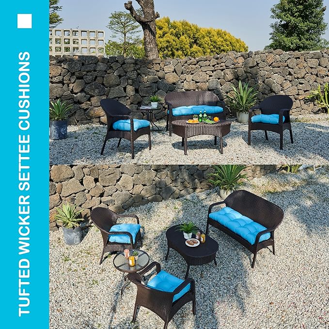 Outdoor/Indoor All Weather Tufted Wicker Chair Cushions of 3 Pieces, 1 Loveseat and 2 U-Shape Waterproof Cushions for Patio Furniture,Wicker Loveseat,Bench-Aqua Blue