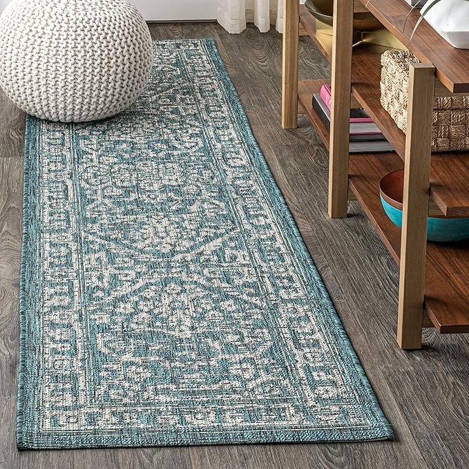 JONATHAN Y Boho Medallion Indoor Outdoor Runner Rug 2X8 Teal/Gray, Malta Textured Weave for Backyard, Patio, Porch, Easy-Cleaning, High Traffic, Pet-Friendly, Non-Shedding (SMB104B-28)
