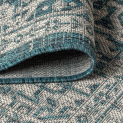 JONATHAN Y Medallion Weave Indoor Outdoor Area Rug 9X12 Teal Blue/Gray, Sinjuri Textured for Backyard, Patio, Porch, Easy-Cleaning, High Traffic, Pet-Friendly, Non-Shedding (SMB101C-9)