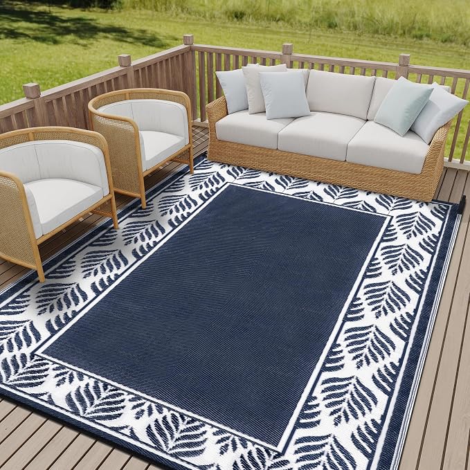 HUGEAR Outdoor Plastic Straw Rug, Waterproof Mat, Washable Large Floor Mat and Rug for Outdoors, RV, Beach, Patio, Camping, Backyard, Deck, Picnic, Outside (Olive-Leaf/Dark Blue&White,9x12ft)