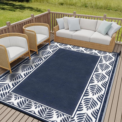 HUGEAR Outdoor Plastic Straw Rug, Waterproof Mat, Washable Large Floor Mat and Rug for Outdoors, RV, Beach, Patio, Camping, Backyard, Deck, Picnic, Outside (Olive-Leaf/Dark Blue&White,9x12ft)