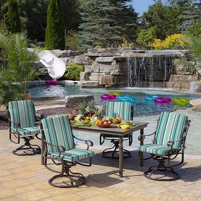 Arden 4-Pack Outdoor Patio Dining Chair Cushion, 20x44, Rain-Proof Seat Pad, Fade-Resistant Outdoor Cushion Teal Cobalt Stripe