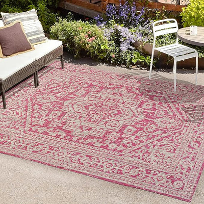 JONATHAN Y Medallion Weave Indoor Outdoor Area Rug 4X6 Fuchsia/Light Gray, Sinjuri Textured for Backyard, Patio, Porch, Easy-Cleaning, High Traffic, Pet-Friendly, Non-Shedding (SMB101G-4)
