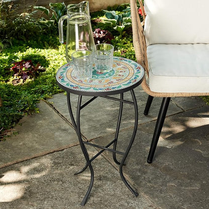 Quality Outdoor Living 29-KY02BL Accent Side Table - Small, Colorful Mosaic Design, Rust-Resistant Steel Frame, Blue