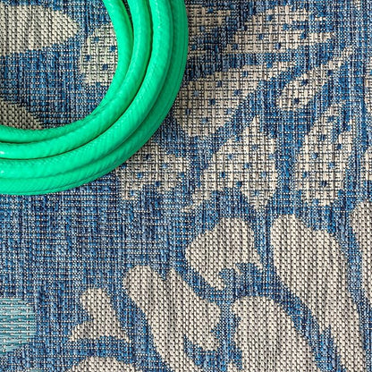JONATHAN Y Floral Textured Weave Indoor Outdoor Square Area Rug 4X4 Navy/Aqua, Zinnia Modern for Backyard, Patio, Porch, Easy-Cleaning, High Traffic, Pet-Friendly, Non-Shedding (SMB110C-4SQ)