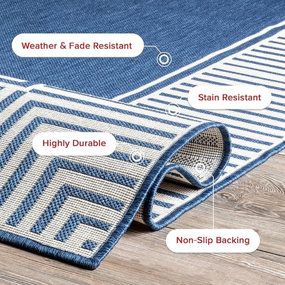 nuLOOM 8' Square Outdoor Area Rug, Casual Design with Striped Border, Stain Resistant, Highly Durable, for Patio, Balcony, Bedroom, Living Room, Dining Room, Bathroom, Navy