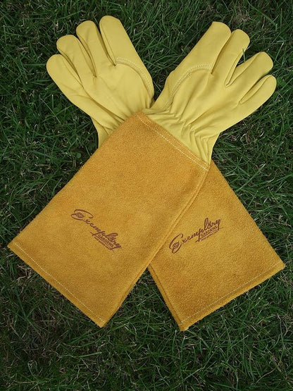 Rose Pruning Gloves for Men and Women - Thorn Proof Goatskin Leather Gardening Gloves with Gauntlet (Extra Large, Yellow)