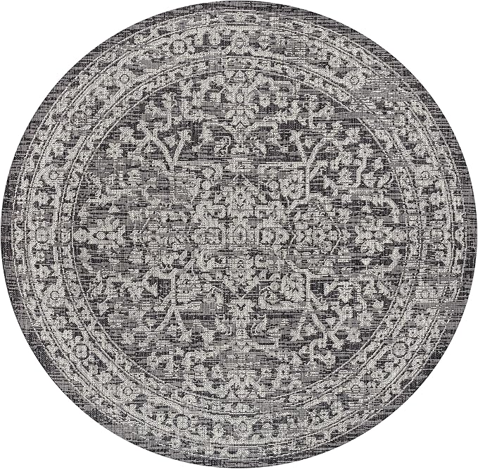 JONATHAN Y Boho Medallion Indoor Outdoor Round Area Rug 3 Ft Black/Gray, Malta Textured Weave for Backyard, Patio, Porch, Easy-Cleaning, High Traffic, Pet-Friendly, Non-Shedding (SMB104C-3R)