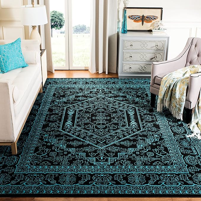 SAFAVIEH Adirondack Collection Area Rug - 6' Square, Black & Teal, Oriental Medallion Design, Non-Shedding & Easy Care, Ideal for High Traffic Areas in Living Room, Bedroom (ADR108K)