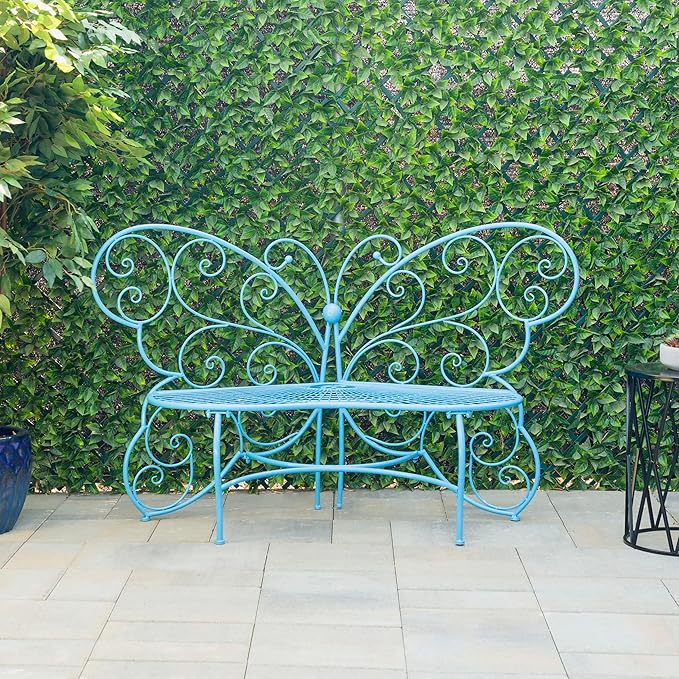 Alpine Corporation BAZ400BL Indoor Outdoor Metal Butterfly Shaped Garden Bench, 62" Long, Blue