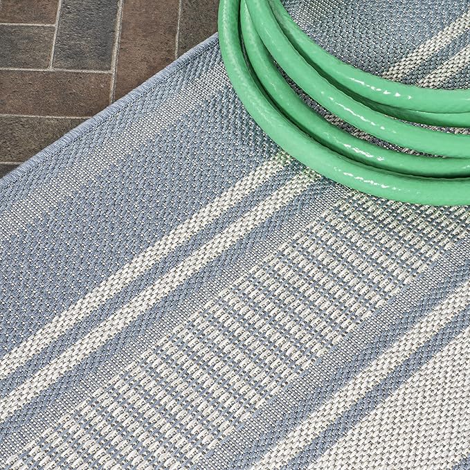 JONATHAN Y Double Stripe Indoor Outdoor Runner Rug 2X8 Blue/Light Gray, Haynes Modern for Backyard, Patio, Porch, Easy-Cleaning, High Traffic, Pet-Friendly, Non-Shedding (SMB202E-28)