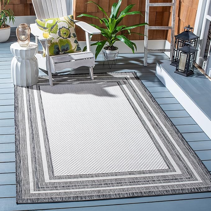 SAFAVIEH Washable Rug Outdoor Courtyard Collection - 6'7" Square, Ivory & Black, Non-Shedding & Easy Cleaning, Ideal for Patio, Backyard, Mudroom (CY8475-53712)