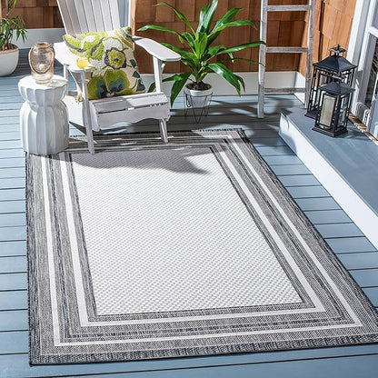 SAFAVIEH Washable Rug Outdoor Courtyard Collection - 6'7" Square, Ivory & Black, Non-Shedding & Easy Cleaning, Ideal for Patio, Backyard, Mudroom (CY8475-53712)
