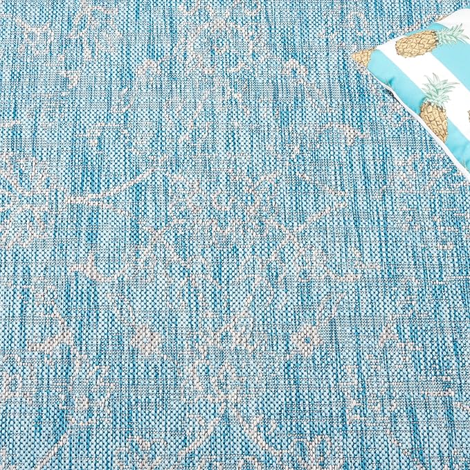 SAFAVIEH Washable Rug Outdoor Courtyard Collection - 7'10" Square, Aqua Blue & Grey, Non-Shedding & Easy Cleaning, Ideal for Patio, Backyard, Mudroom (CY8680-37121)