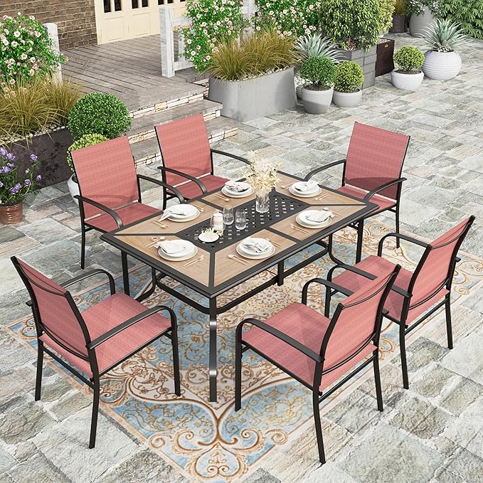 HERA'S HOUSE Patio Table and Chairs Set, 61" Rectangular Outdoor PVC Table with Umbrella Hole, 7 Pieces Outdoor Dining Furniture Sets with 6 Patio Chairs for Backyard Lawn Garden Porch(Red)