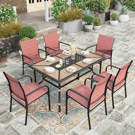HERA'S HOUSE Patio Table and Chairs Set, 61" Rectangular Outdoor PVC Table with Umbrella Hole, 7 Pieces Outdoor Dining Furniture Sets with 6 Patio Chairs for Backyard Lawn Garden Porch(Red)