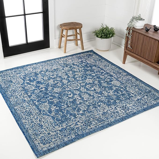 JONATHAN Y Weave Floral Indoor Outdoor Square Area Rug 5X5 Navy/Gray, Tela Bohemian Textured for Backyard, Patio, Porch, Easy-Cleaning, High Traffic, Pet-Friendly, Non-Shedding (SMB100B-5SQ)