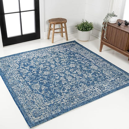 JONATHAN Y Weave Floral Indoor Outdoor Square Area Rug 5X5 Navy/Gray, Tela Bohemian Textured for Backyard, Patio, Porch, Easy-Cleaning, High Traffic, Pet-Friendly, Non-Shedding (SMB100B-5SQ)