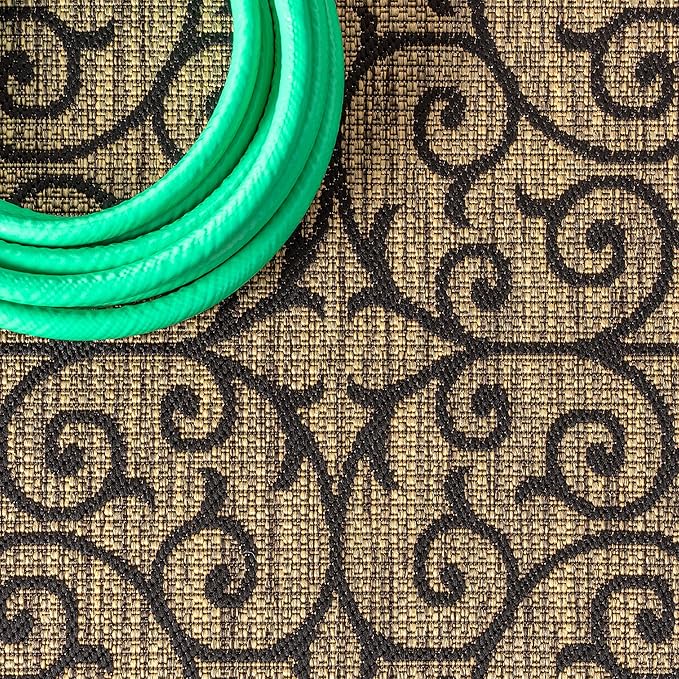JONATHAN Y Vintage Filigree Indoor Outdoor Square Area Rug 4X4 Black/Khaki, Madrid Textured Weave for Backyard, Patio, Porch, Easy-Cleaning, High Traffic, Pet-Friendly, Non-Shedding (SMB107A-4SQ)