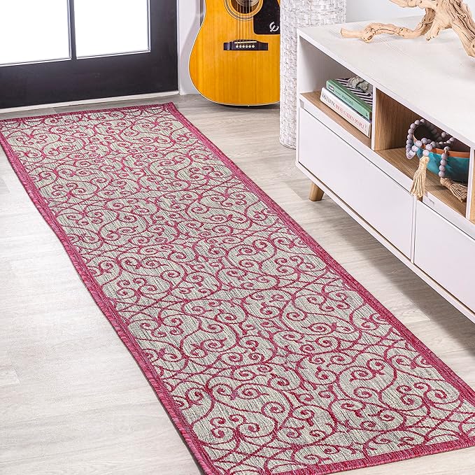 JONATHAN Y Vintage Filigree Indoor Outdoor Runner Rug 2X8 Light Gray/Fuchsia, Madrid Textured Weave for Backyard, Patio, Porch, Easy-Cleaning, High Traffic, Pet-Friendly, Non-Shedding (SMB107I-28)
