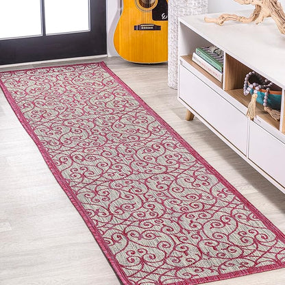 JONATHAN Y Vintage Filigree Indoor Outdoor Runner Rug 2X10 Light Gray/Fuchsia, Madrid Textured Weave for Backyard, Patio, Porch, Easy-Cleaning, High Traffic, Pet-Friendly, Non-Shedding (SMB107I-210)