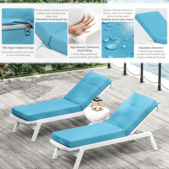 Chaise Lounge Cushion for Outdoor Furniture, Waterproof Fade and Tear Resistant Lounge Deck Chair Cushions for Patio Lawn Pool Resort Hotel