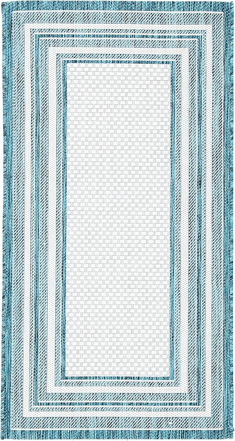SAFAVIEH Washable Rug Outdoor Courtyard Collection - 2'7" x 5', Ivory & Teal, Non-Shedding & Easy Cleaning, Ideal for Patio, Backyard, Mudroom (CY8475-53512)