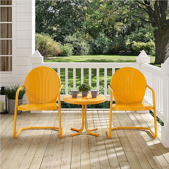 Crosley Furniture Griffith 3-Piece Outdoor Chair and Side Table Set, Retro Metal Bistro Patio Sets for Porch, Tangerine