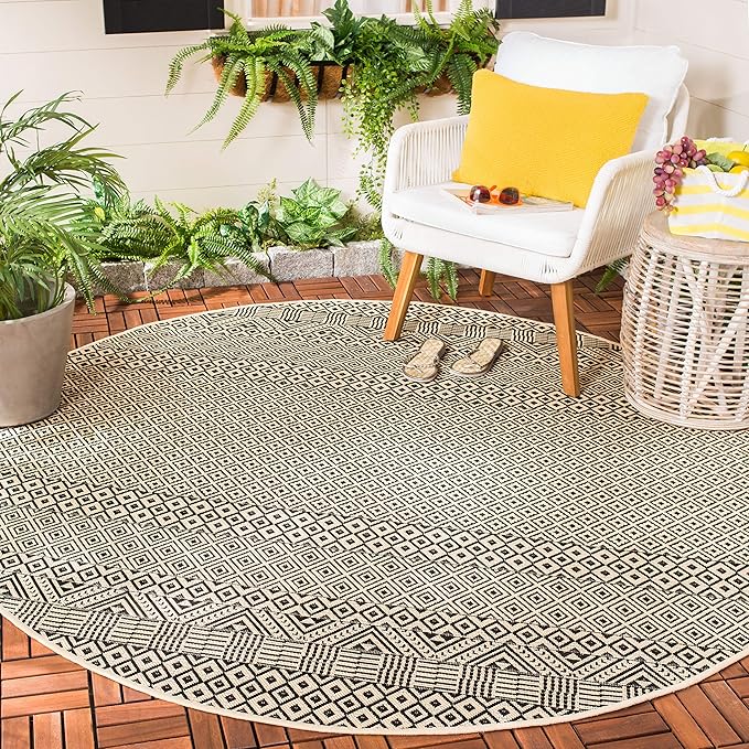 SAFAVIEH Courtyard Collection 5'3" Round Beige/Black CY6235 Moroccan Indoor/ Outdoor Waterproof Easy Cleaning Patio Backyard Mudroom Area Rug