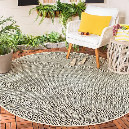 SAFAVIEH Courtyard Collection 5'3" Round Beige/Black CY6235 Moroccan Indoor/ Outdoor Waterproof Easy Cleaning Patio Backyard Mudroom Area Rug