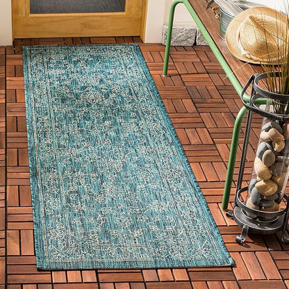 SAFAVIEH Washable Rug Outdoor Courtyard Collection - 2'3" x 16' Runner, Turquoise, Non-Shedding & Easy Cleaning, Ideal for Patio, Entryway, Mudroom, Hallway, Kitchen (CY8680-37221)