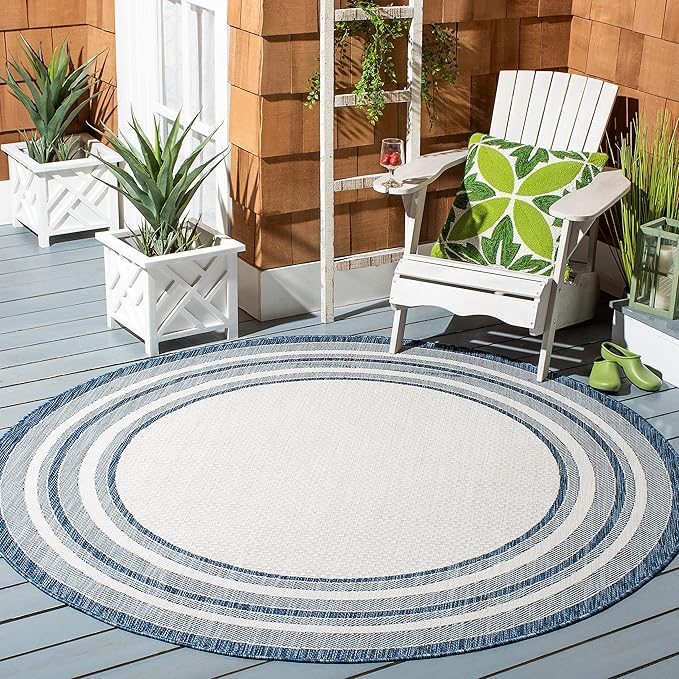 SAFAVIEH Washable Rug Outdoor Courtyard Collection - 5'3" Round, Ivory & Navy, Non-Shedding & Easy Cleaning, Ideal for Patio, Backyard, Mudroom (CY8475-53412)