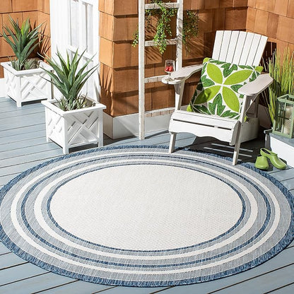 SAFAVIEH Washable Rug Outdoor Courtyard Collection - 5'3" Round, Ivory & Navy, Non-Shedding & Easy Cleaning, Ideal for Patio, Backyard, Mudroom (CY8475-53412)