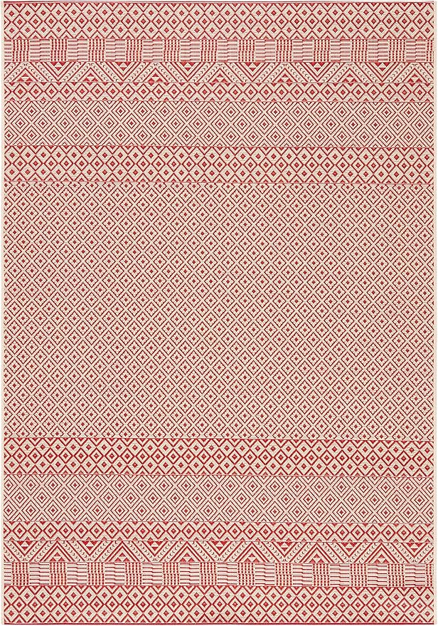 SAFAVIEH Washable Rug Outdoor Courtyard Collection - 9' x 12', Beige & Red, Non-Shedding & Easy Cleaning, Ideal for Patio, Backyard, Mudroom (CY6235-23812)