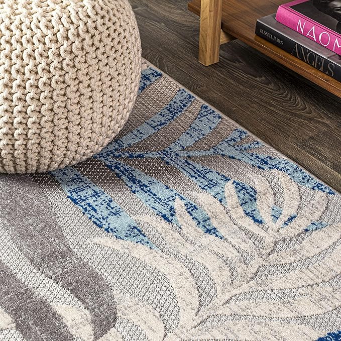 JONATHAN Y Tropics Palm Leaves Indoor Outdoor Area Rug 4X6 Gray/Blue, Boho for Backyard, Patio, Porch, Easy-Cleaning, High Traffic, Pet-Friendly, Non-Shedding (AMC100A-4)